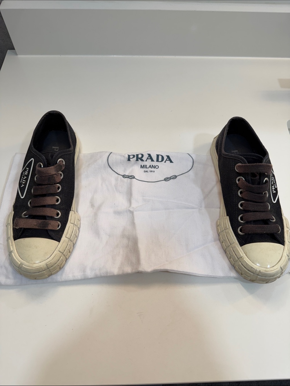 Prada Black Canvas Low-Top Sneakers with Cream Sole